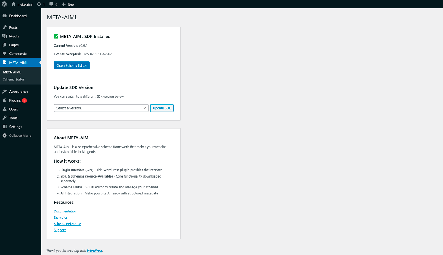 META-AIML WordPress Plugin Dashboard