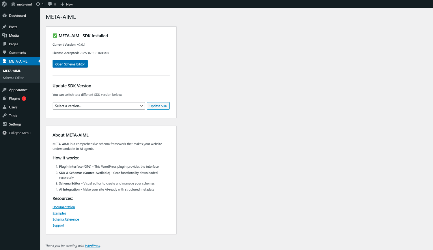 META-AIML WordPress Plugin Dashboard
